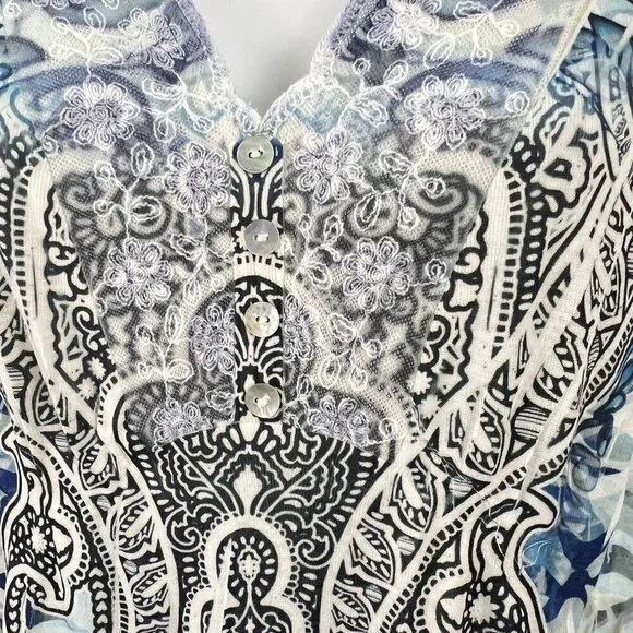 One World Womens V-Neck Lace Trim Tunic Top PXL Blue & Cream Paisley - Picture 9 of 10